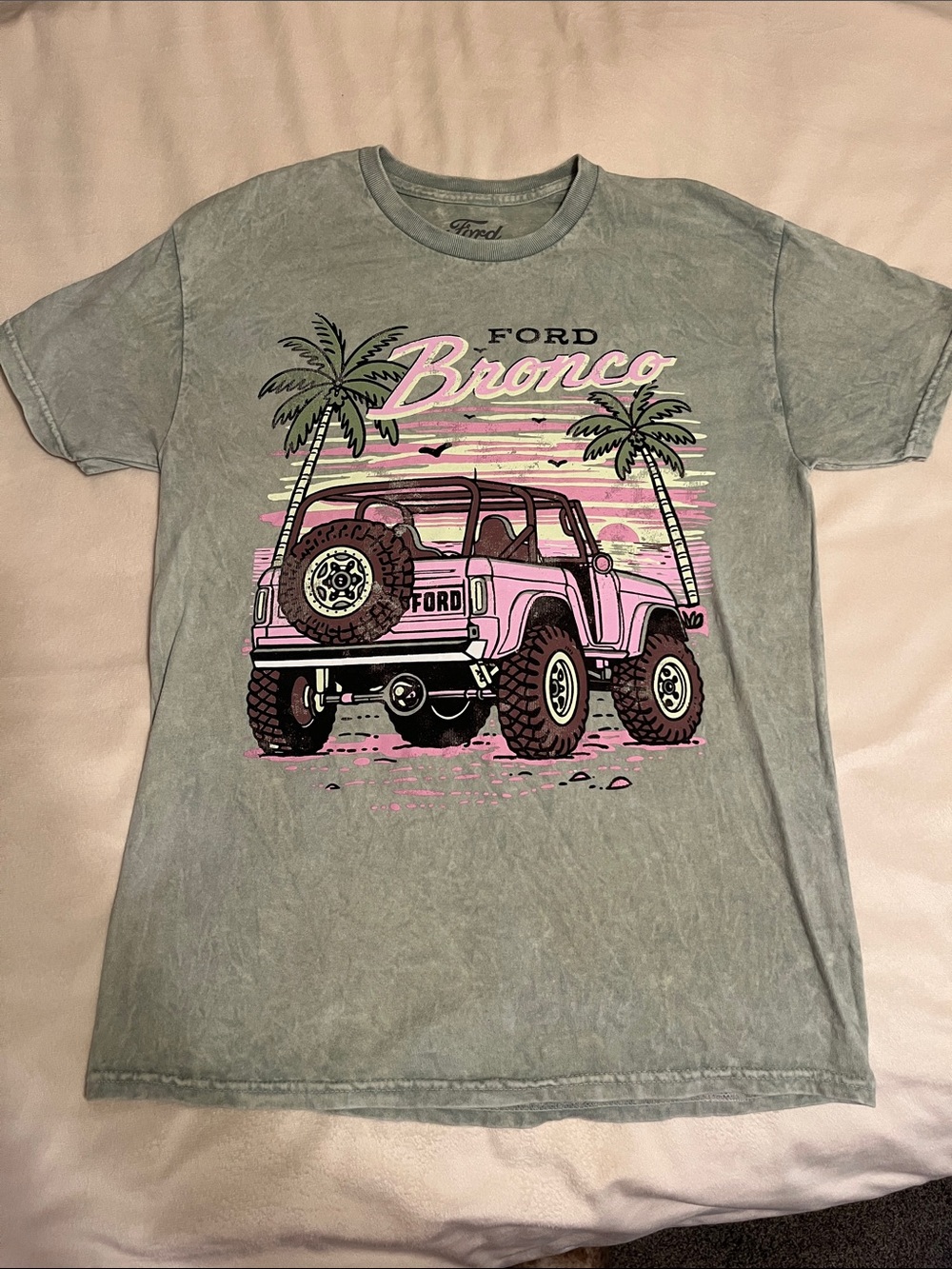 Women’s Ford Short Sleeve Tee in Sage Green with Pink Graphic
